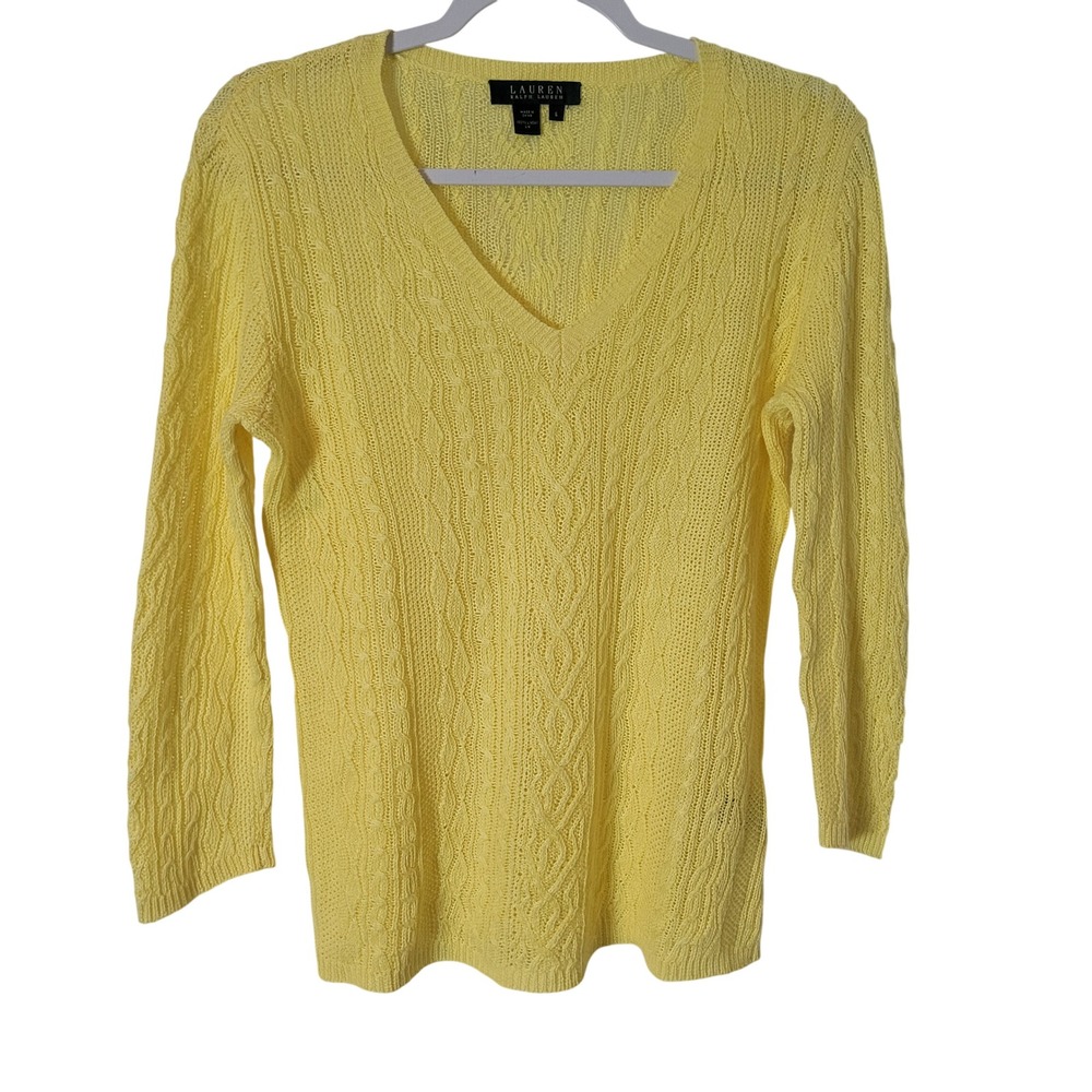 Lauren Ralph Lauren Yellow 100% Linen Cable Knit V-Neck Sweater Womens Small
